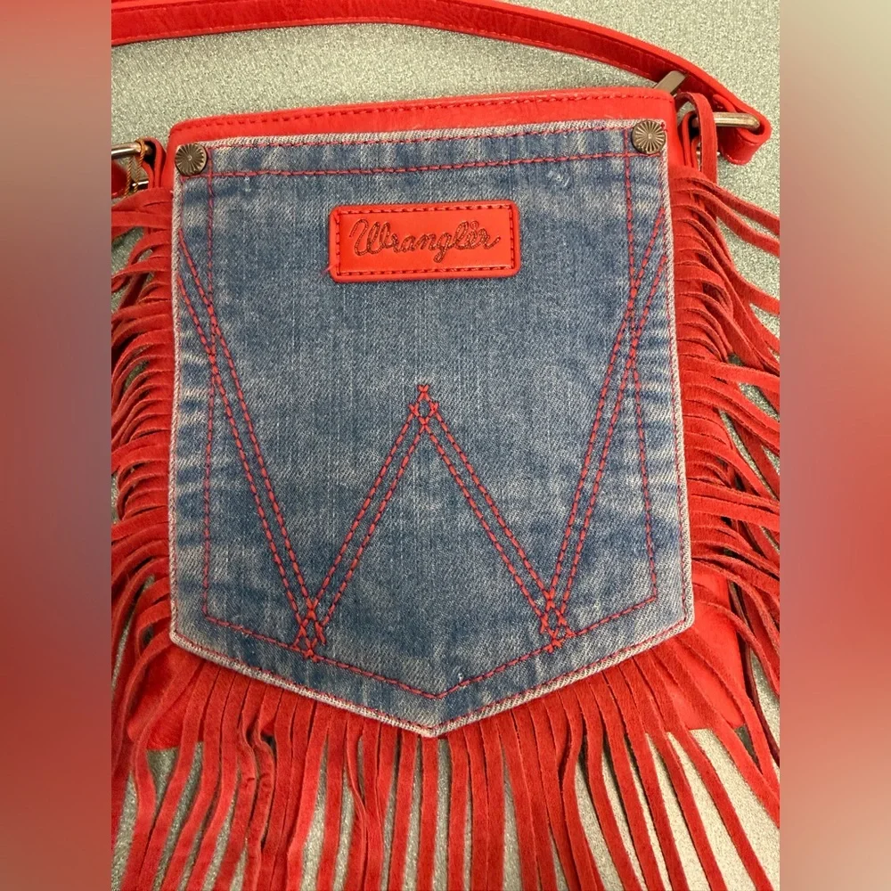 Wrangler Leather Fringe Denim Red Crossbody Bag - Picture 4 of 15